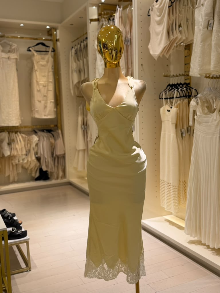 Cyra's Satin Mid Bias Cut Dress w/ Lace Detail at Skirt Hem